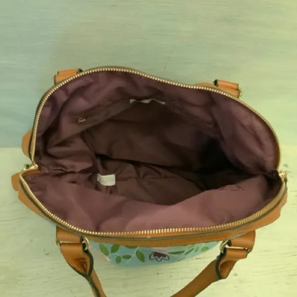 Cato Embroidered Flower Print Denim Brown Faux Leather Handbag Purse Like New - Picture 3 of 8